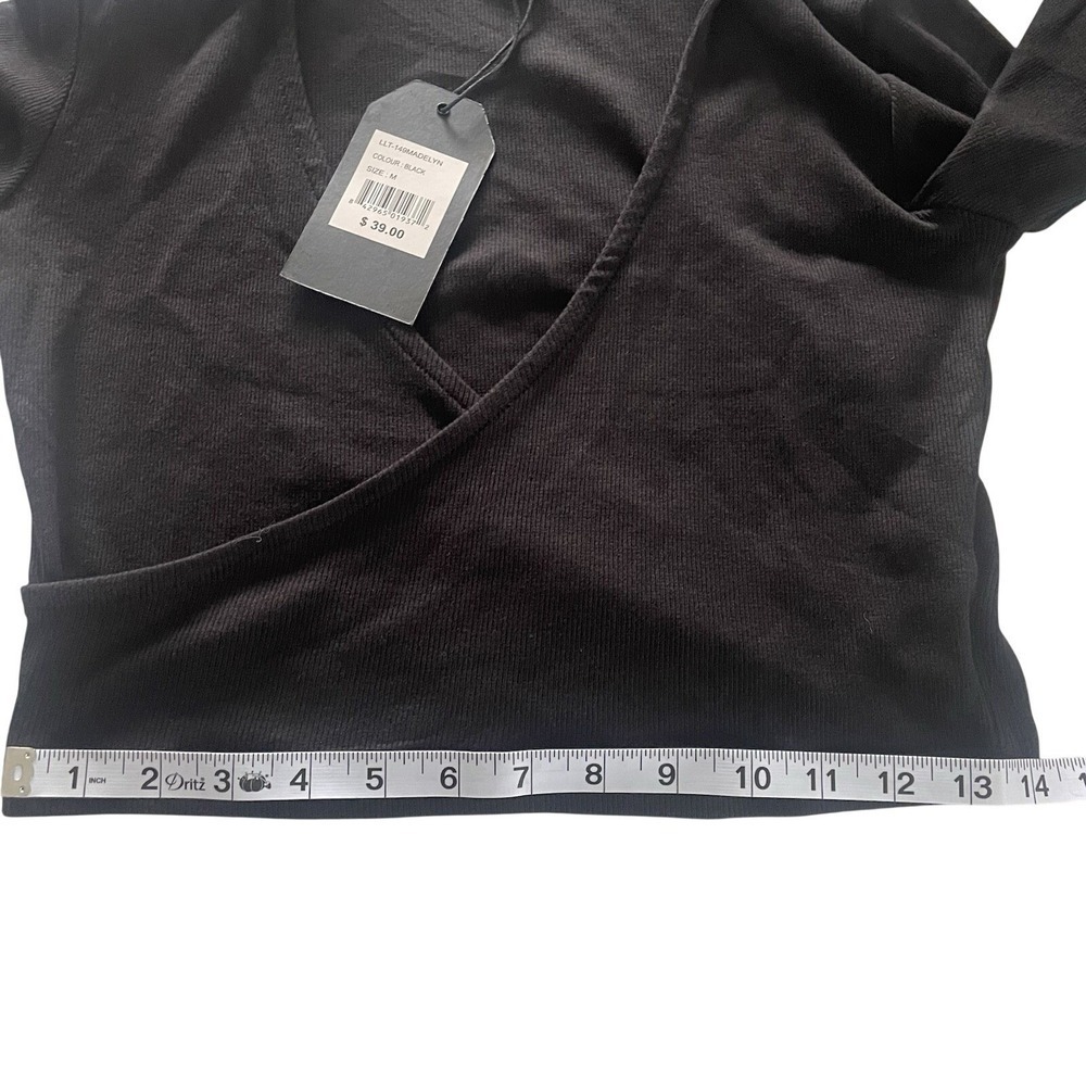 Brave Soul London Madelyn Black Ribbed Wrap Front Long Sleeve Crop Top M NEW - Picture 11 of 11